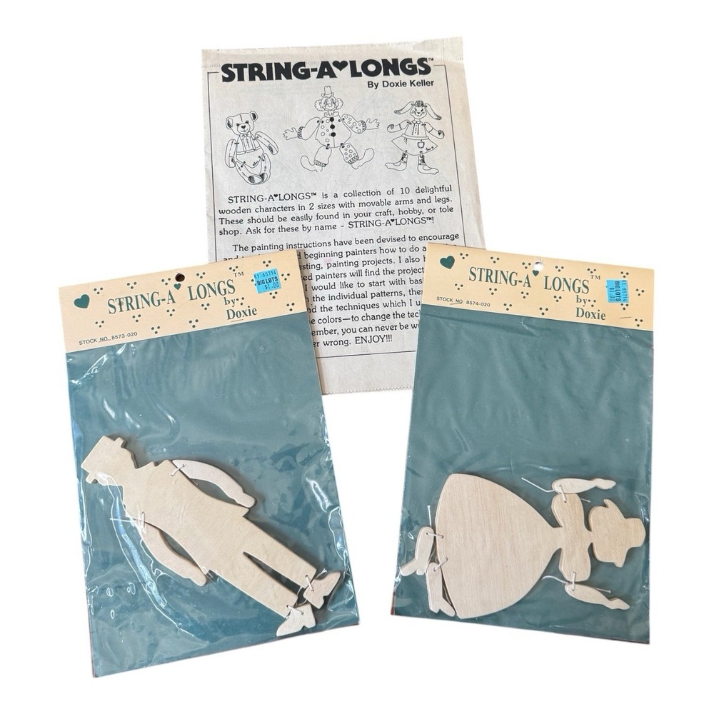 Vintage String-A-Longs Doxie Keller Wooden Doll Craft Kits Man Woman NOS